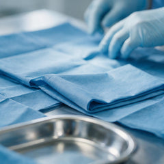 Gefaltete blaue Abdecktücher beim Vorbereiten des sterilen Feldes – SurgicMate