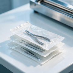 Verpackte Instrumente in Sterilgutbeuteln vor dem Siegelgerät – SurgicMate
