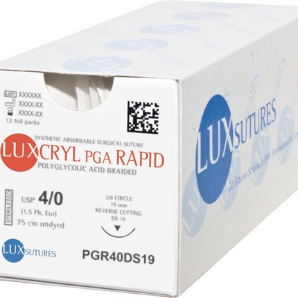 Luxcryl PGA Rapid Karton mit 12 Folienbeuteln, USP 4/0, REF PGR40DS19