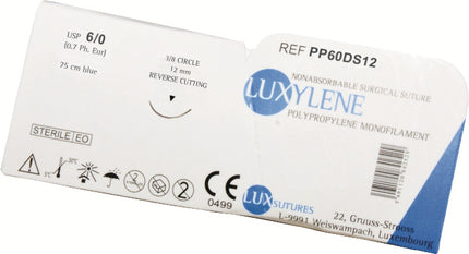 Luxylene Einzelpackung, USP 6/0, 3/8 Kreis, 12 mm Reverse Cutting, 75 cm blau