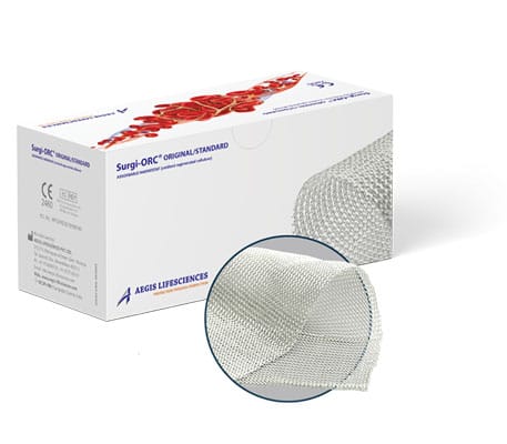 Surgi-ORC® Original/Standard – Verpackung und ORC-Gewebe (Aegis Lifesciences)